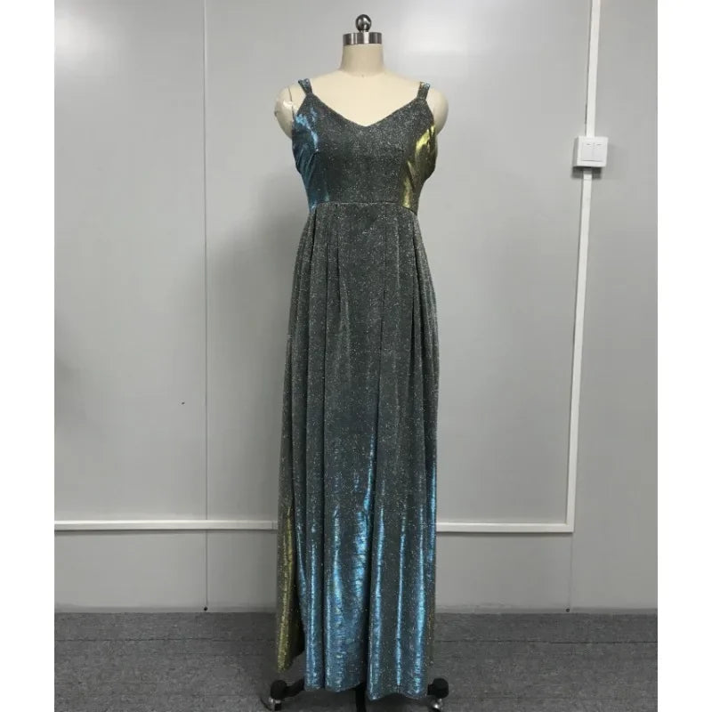 Sexy Strap V Neck Halter Glossy Guest Graduation Celebrity Evening Floor Length Dress Elegant Luxurious Women Corset Party Dress Good Vibrations