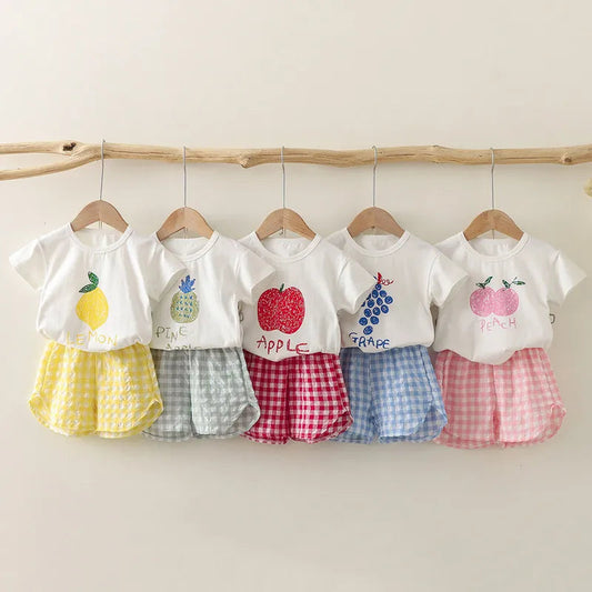 Fruit T-shirt Plaid Shorts Girls 2pc/set Summer Children's Clothes Cotton Kids Short Sleeved Suit Fashion Baby Clothing 1-6Y Good Vibrations