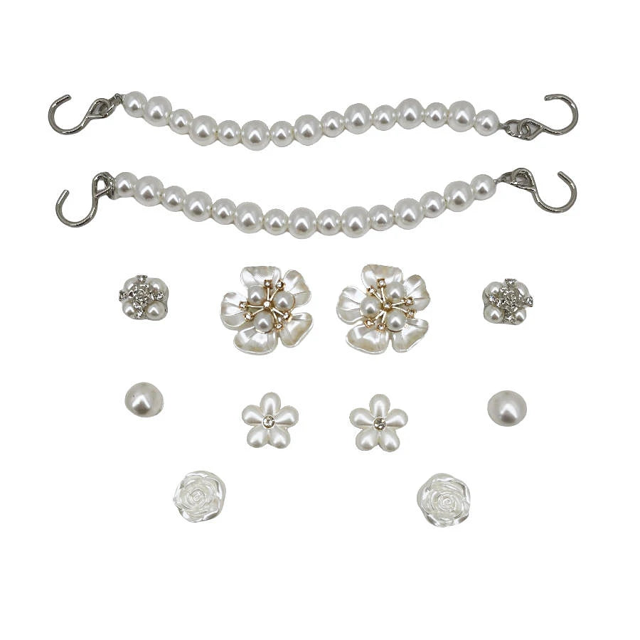 12pcs Luxury ABS Pearl Rose Flower Chain Charms for Crocs Decoration Suitable for Clogs Bogg Beach Bags Party Gift Idea Good Vibrations