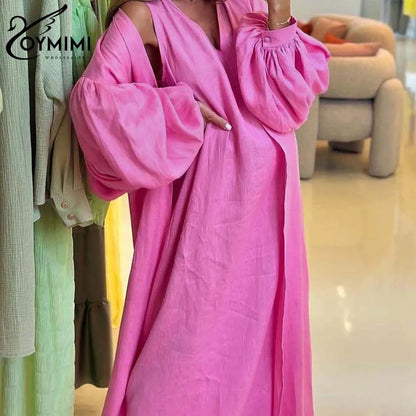 Oymimi Elegant Yellow Cotton Hemp 2 Pc Sets Womens Outfits Casual Puff Sleeve Robe And V-Neck Sleeveless Floor-Length Dress Sets Good Vibrations