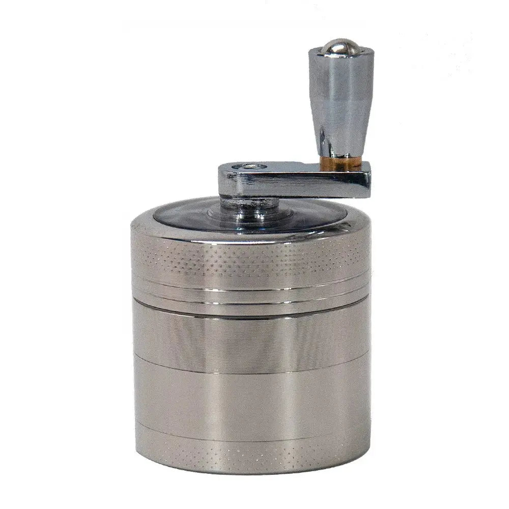 4-Layer Zinc Alloy 40mm Herbal Grinder in silver with manual handle.