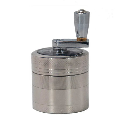 4-Layer Zinc Alloy 40mm Herbal Grinder in silver with manual handle.