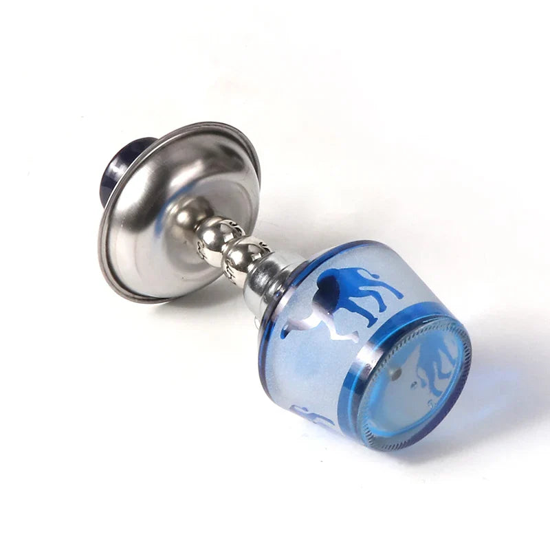 Mini glass shisha set with metal components and ceramic bowl.