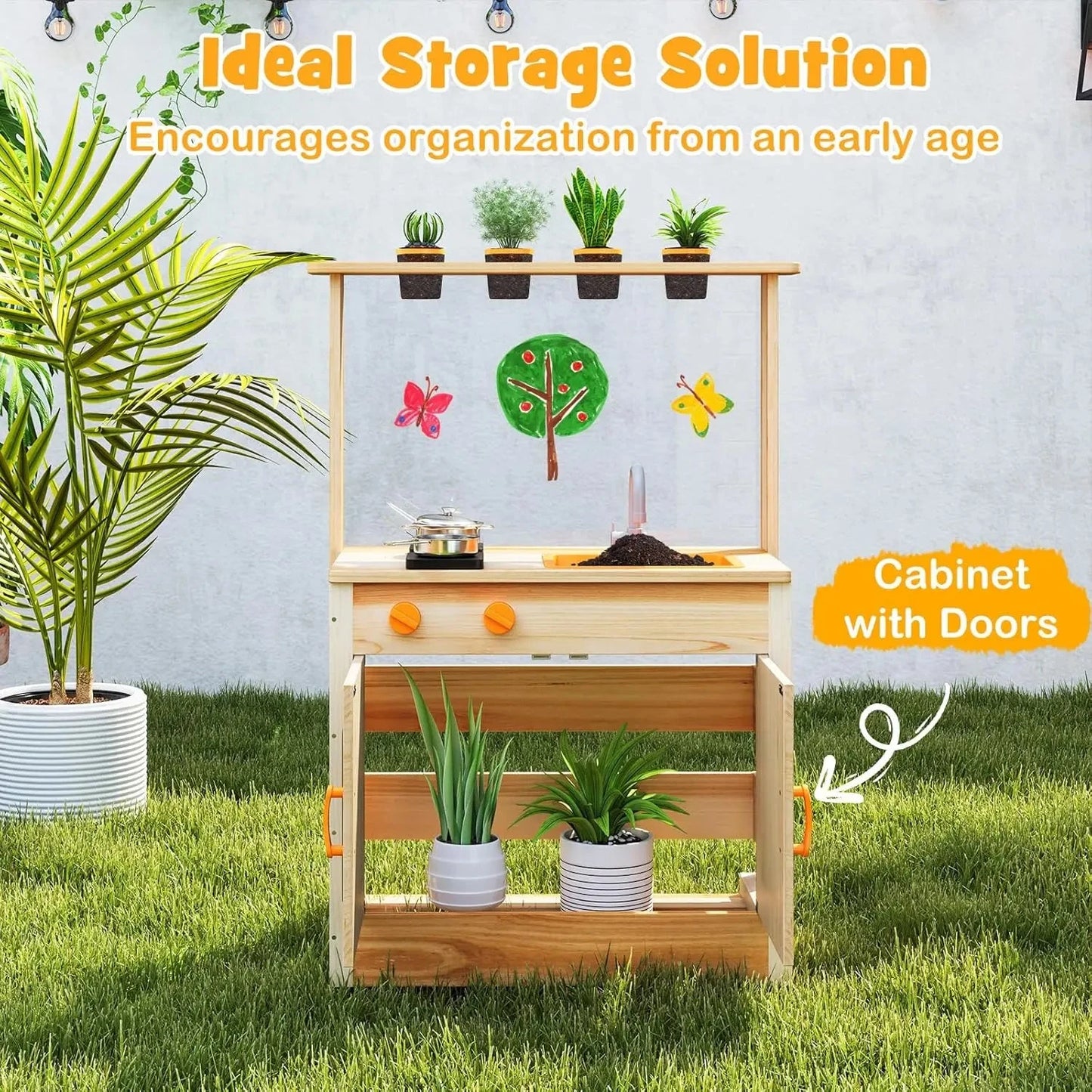 Mud Kitchen, Fir Wood Outdoor Play Kitchen for Toddlers, 4 Planting Cups, Cookware, Faucet & Sink, DIY Acrylic Board & Blackboar Good Vibrations