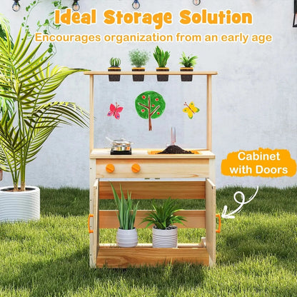 Mud Kitchen, Fir Wood Outdoor Play Kitchen for Toddlers, 4 Planting Cups, Cookware, Faucet & Sink, DIY Acrylic Board & Blackboar Good Vibrations