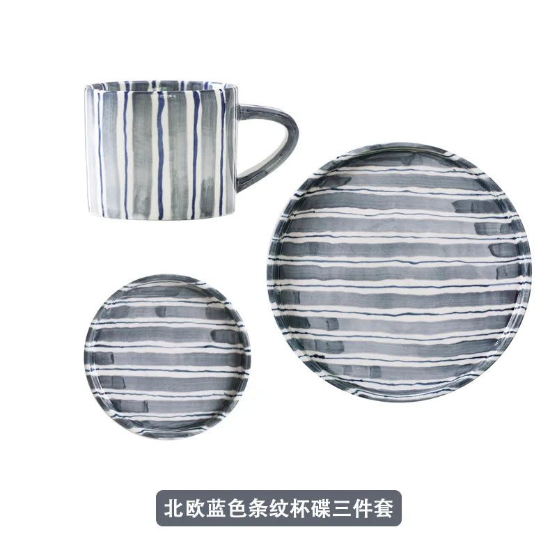 Ceramic Coffee Mug Three-piece Set Hand-painted Striped Mug Afternoon Camellia Tea Mug Breakfast Milk Oatmeal Mug Cake Plate New Good Vibrations