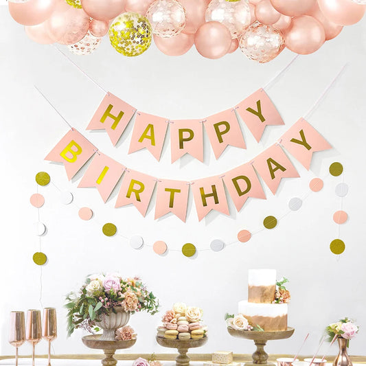 Birthday themed decoration supplies, including 1pc Happy Birthday banner, 1pc round pink flower, pink girl themed birthday party Good Vibrations