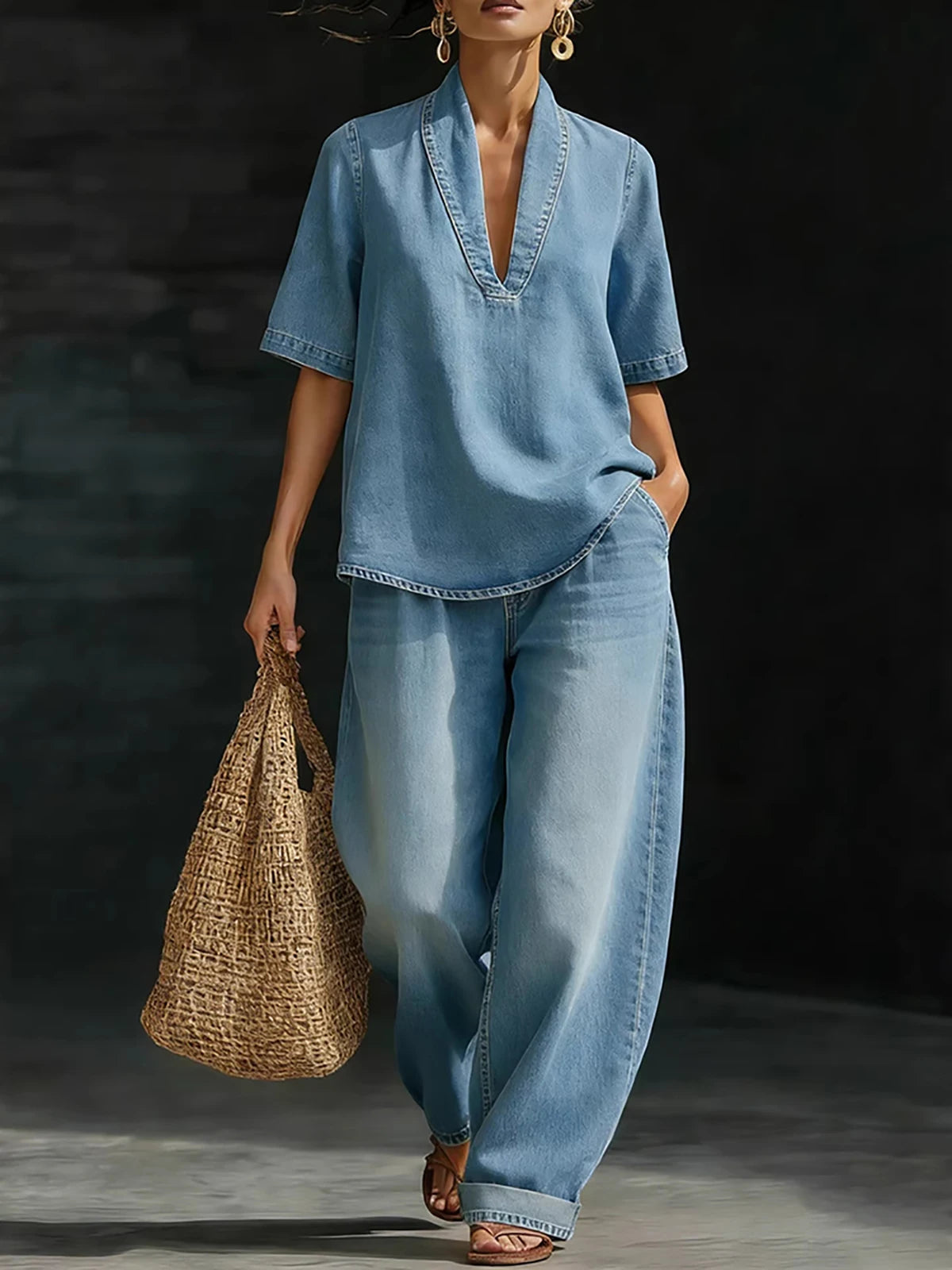 Women Denim Two Piece Set V Neck Half Sleeve Top T-Shirt Loose Wide Leg Pants Casual Outfit Streetwear Fashion Summer Suit Sets Good Vibrations