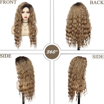 GNIMEGIL Synthetic Long Wave Cur Wigs Female Natural Brown Wig with Clip Free Part Side Bangs 80s Curly Wigs for Women Ombre Wig Good Vibrations