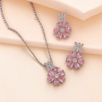 Charm Bridal Pink Zircon Big Flower Stud Earrings Pendants Necklaces For Women Silver Color Wedding Engagement Jewelry Sets Good Vibrations