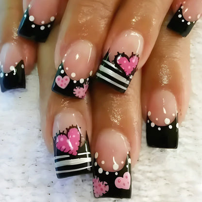 24pcs y2k Black French Press on Nails Short Square Pink Heart Fake Nails Full Cover Wearable Sweet Valentine's Day False Nails Good Vibrations
