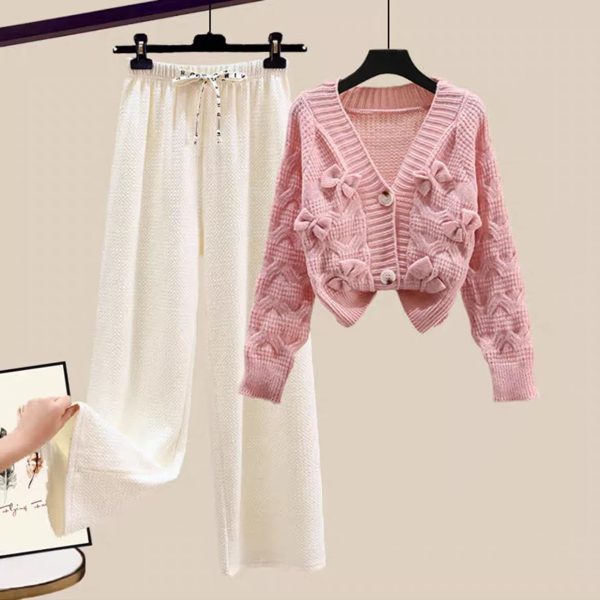 Two Piece Set For Women New In Sweater Matching Sets Korean Sweet Bow Outfit Long Sleeve Cardigan Knitwear Wide Leg Pants Set Good Vibrations
