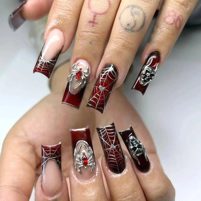 Halloween Fake Nails with 3D Metal Spider Designs Almond Black Red Press on Nails Women Girls Halloween Party False Nails 24Pcs Good Vibrations