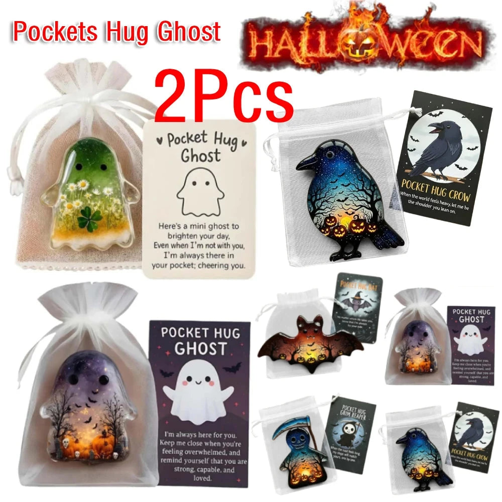 2Pcs Pockets Hug Ghost Halloween Acrylic Mini Ghosts Statue Inspirational Pocket Hug Ornaments With Positive Card For Party Gift Good Vibrations