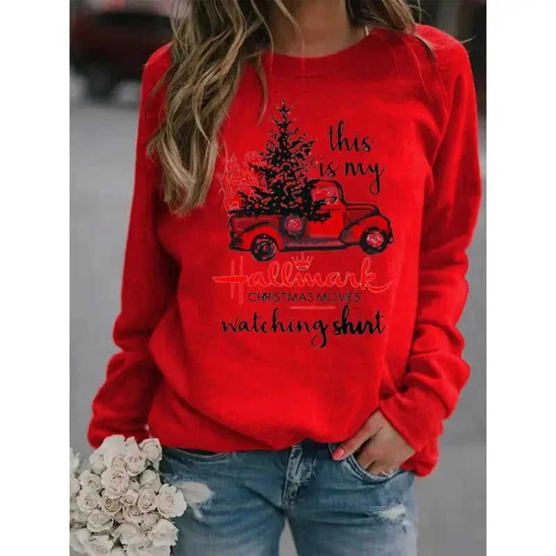 Christmas Tree Car Printed Long Sleeve Collar Loose Round Neck Hoodie Winter Autumn Graphic T Shirts  Women Clothing Good Vibrations