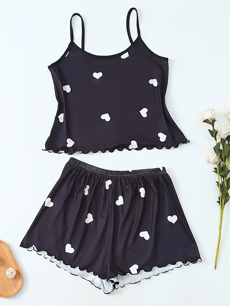 5 Size Choose S M L XL 2XLWomen's Two-Piece Suspender Heart Printed Top and Shorts Women's Casual Printed Pajama Set Good Vibrations