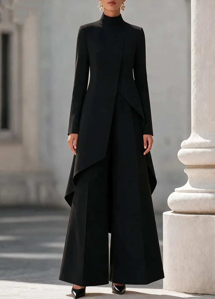 Woman's Autumn Stand Collar Top With Wide Leg Pants Two-piece Set Fashion Solid Irregular Long Top Suit Lady Chic Office Outfit Good Vibrations