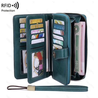 Rfid Anti-Theft Wallet for Men and Women, European and American Retro Leather Long Wallet Clutch, Oil Wax Leather Cut Out Multi-Card Slot Wallet, Large Capacity Zipper 70% off Clutch Bag, Card Holder Coin Purse Hand Bag