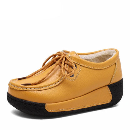 BEYARNENew Winter Shoes Genuine Leather Womens Flat Platform Shoes Casual Womens Loafers Plush Womens Slip-on Sneakers for Women Good Vibrations