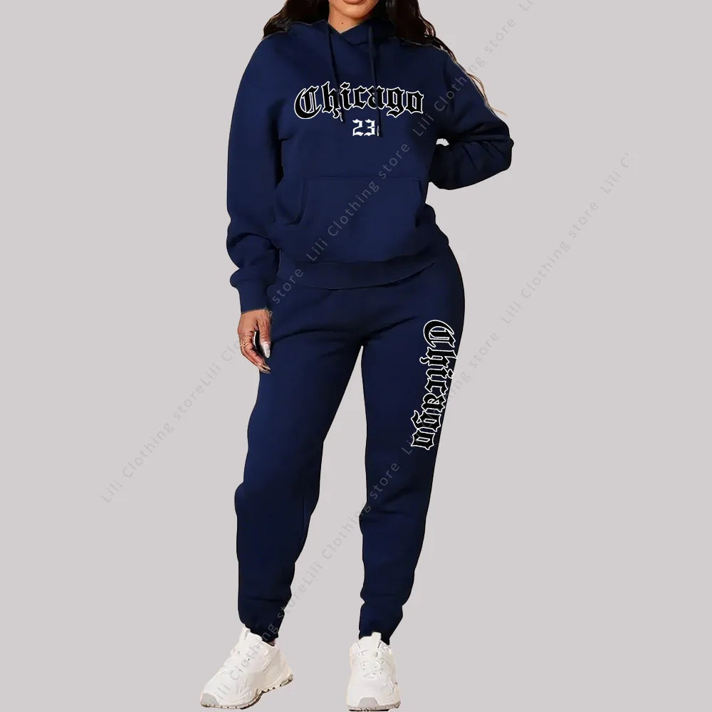 Women's Sets Hoodies Pants 2 Piece Outfits Aesthetic Sportswear Sweatsuit Chicago Graphic Letter Print Plus Size Pink Tracksuit Good Vibrations