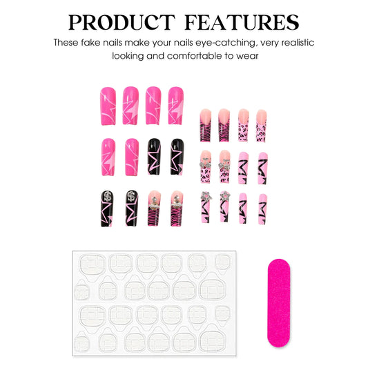 Rose Pink Long Coffin Fake Nails French Style Leopard Star Printed Press on Nails Y2K Girls Charms Manicure Black False Nails Good Vibrations