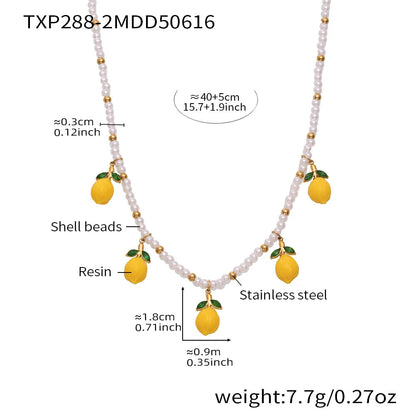 Nivora Resin Fruit Lemon Pendant Necklace For Women Imitation Pearl Stainless Steel Zircon Handmade Strand Beads Choker Jewelry Good Vibrations