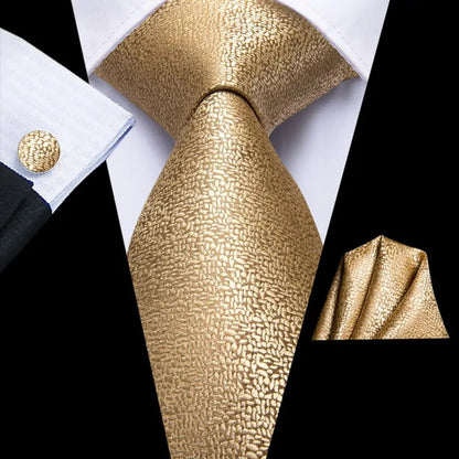 Hi-Tie Champagne Gold Striped Paisley Solid Men Silk Wedding Tie Fashion Design Necktie For Men Hanky Cufflink Business Party Good Vibrations