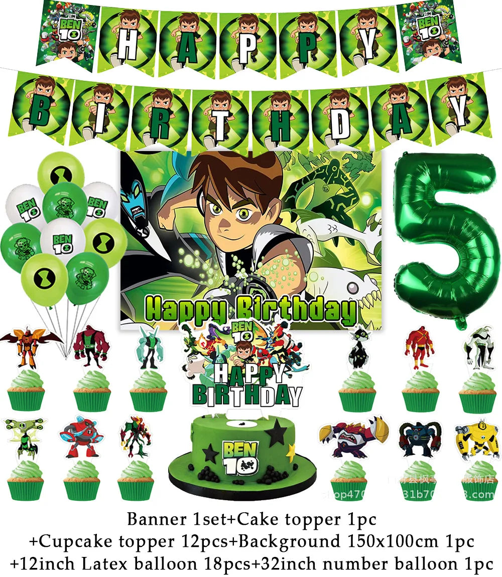 Cartoon Ben-10 Birthday Party Decoration Balloons Favor Set Banner Cake Toppers Baby Shower Boys Gift Party Supplies Photo Prop Good Vibrations