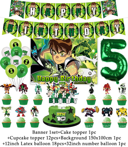 Cartoon Ben-10 Birthday Party Decoration Balloons Favor Set Banner Cake Toppers Baby Shower Boys Gift Party Supplies Photo Prop Good Vibrations