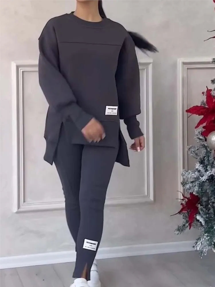 Women's Casual Sweatshirt Sports Set Autumn Winter Fashion Solid Loose Irregular Sweatshirt Top And Slim Trouser Two Piece Sets Good Vibrations