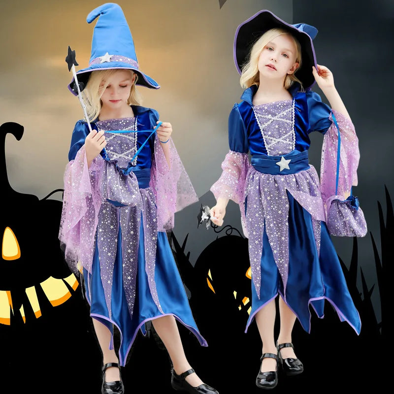 Halloween Party Costumes Witch Dress for Girls Kids Cosplay Carnival Witch Costume Pumpkin Dress Up With Bag Hat Wand Clothing Good Vibrations