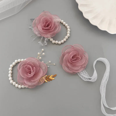 Girls Bridesmaid Wrist Flowers Pearl Ribbon Rose Bracelet for Wedding Prom Party Bride to Be Bridesmaid Gift Wedding Accessories