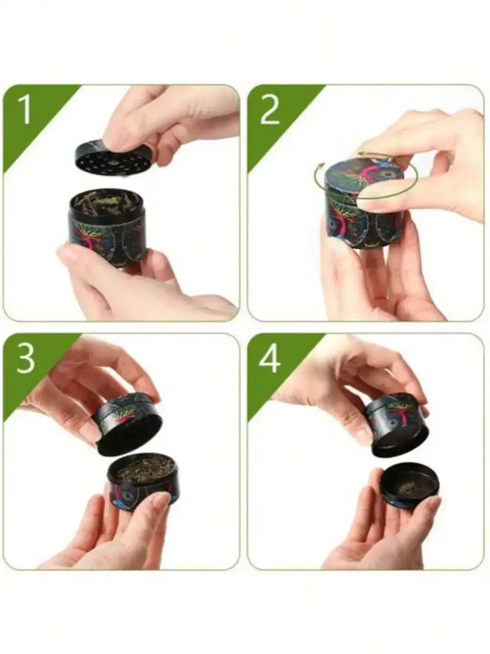 Step-by-step guide using the 40/50mm Leopard Print Herb Grinder with four layers for grinding spices and tobacco.