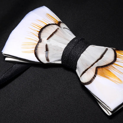 Wedding Bow Tie for Men handmade feather bow tie black white Pre-tied bowtie  brooch wooden box Set for Party birthday Gift Good Vibrations