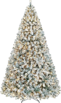 5 to 10ft Artificial Christmas Tree , Snow Flocked Full Prelighted Xmas Tree with 2084 Branch Tips, 900 Incandescent Lights Good Vibrations