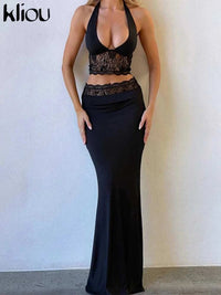 kliou Lace Patchwork Women 2 Piece Set Halter Fashion Backless Sheer V-neck Tanks+Trim Matching Long Skirts Mujer Elegant Suits Good Vibrations Adult Super Store