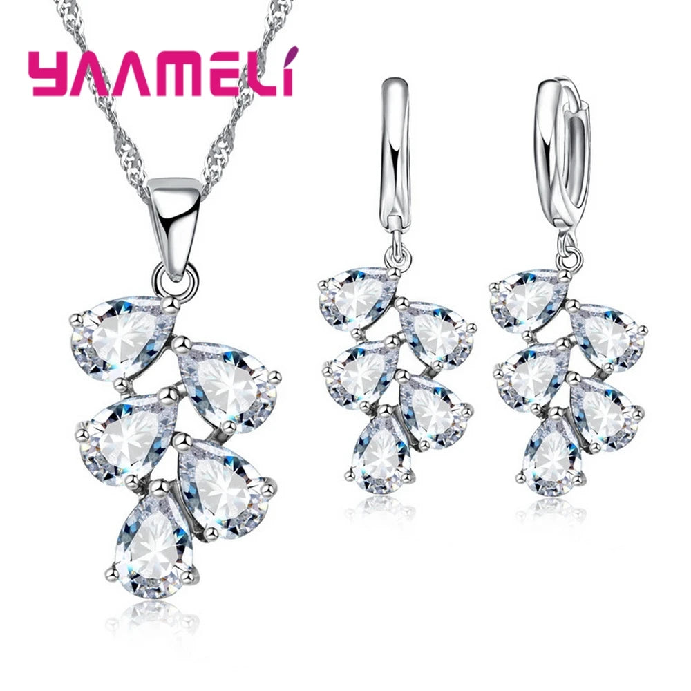 Anniversary Gift For Women Trendy 925 Sterling Silver Color Jewelry Sets Cubic Zirconia Pendants Necklaces Charm Hoop Earrings Good Vibrations Adult Super Store