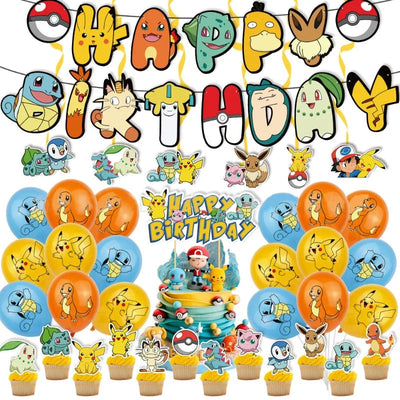 Cute Pokemon Birthday Party Decoration Sets Lightning Pikachu Balloon Kids Event Supplies Disposable Tableware Banner Backdrop