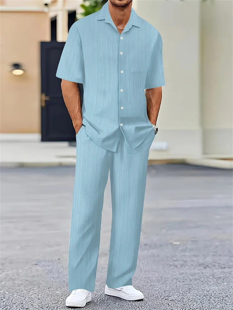 2025 Autumn Geometric Color Block Printed Short-sleeved Set, 2pcs Daily Casual And Loose Men's Shirt Set, Casual And Fashionable Good Vibrations