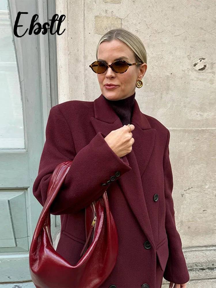 Wine Red Woolen Coats With Scarf Women Elegant Full Sleeve Double Breasted Long Overcoat 2025 Autumn Winter New Lady Streetwear Good Vibrations
