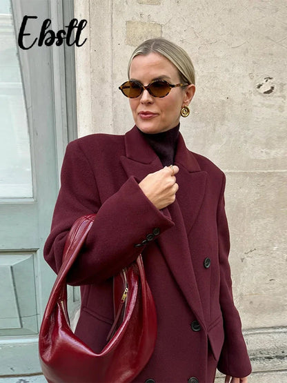 Wine Red Woolen Coats With Scarf Women Elegant Full Sleeve Double Breasted Long Overcoat 2025 Autumn Winter New Lady Streetwear Good Vibrations