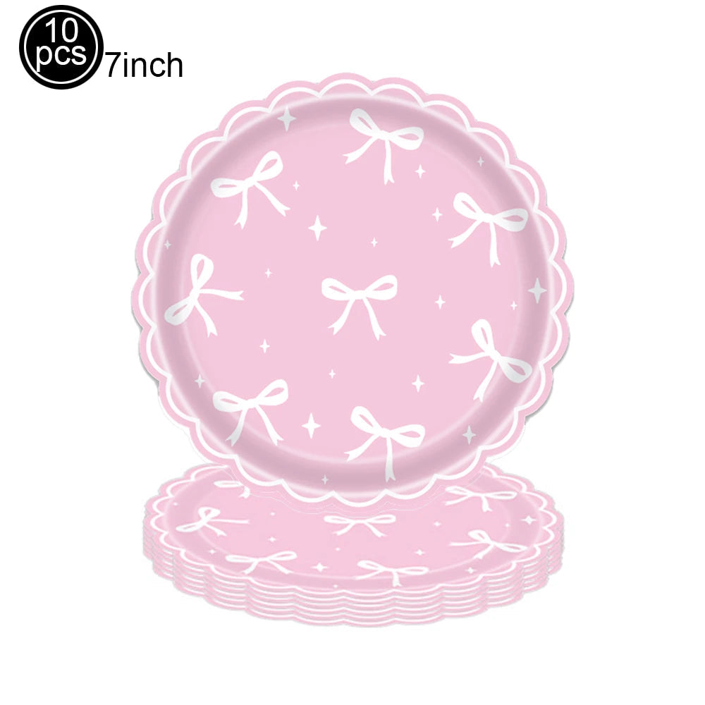 Pink Banner Happy Birthday Bow Balloon Straw Disposable Paper Plate Napkin Cup Tableware Princess Girl Birthday Party Supplies Good Vibrations