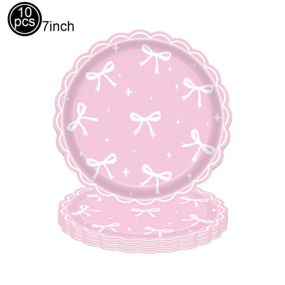 Pink Banner Happy Birthday Bow Balloon Straw Disposable Paper Plate Napkin Cup Tableware Princess Girl Birthday Party Supplies Good Vibrations