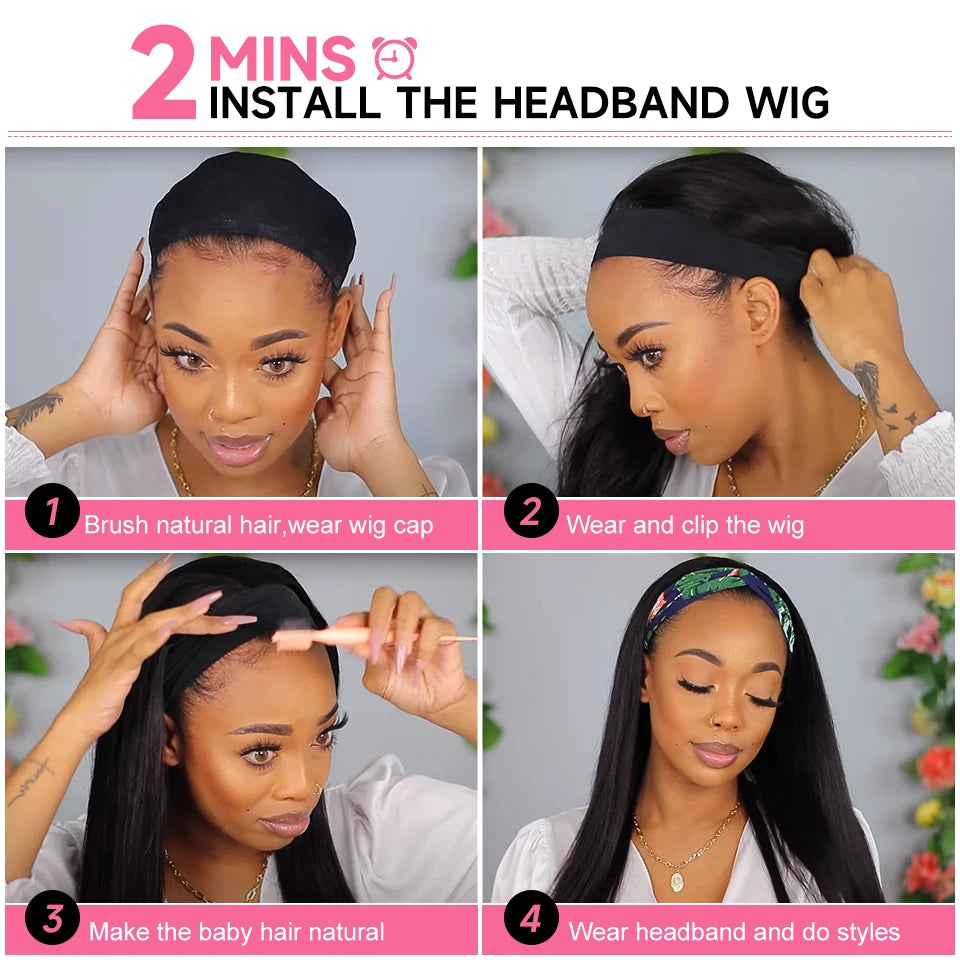 Ali Grace Glueless Wigs Straight Human Hair Wigs for Women Headband Hair Wigs With Adjustable Bangs Brazilian Straight Hair Wigs Good Vibrations