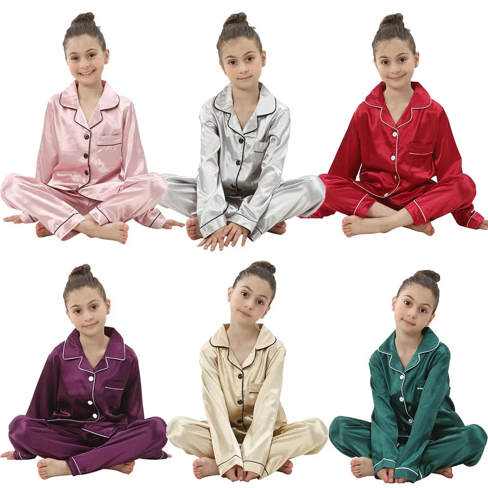 Boys Girls Satin Silk Pajamas Sets for Kids Toddler 2 to 3 4 5 6 7 8 9 10 11 12 13 14 Years Long/Short Sleeved Pink Red Pijamas Good Vibrations