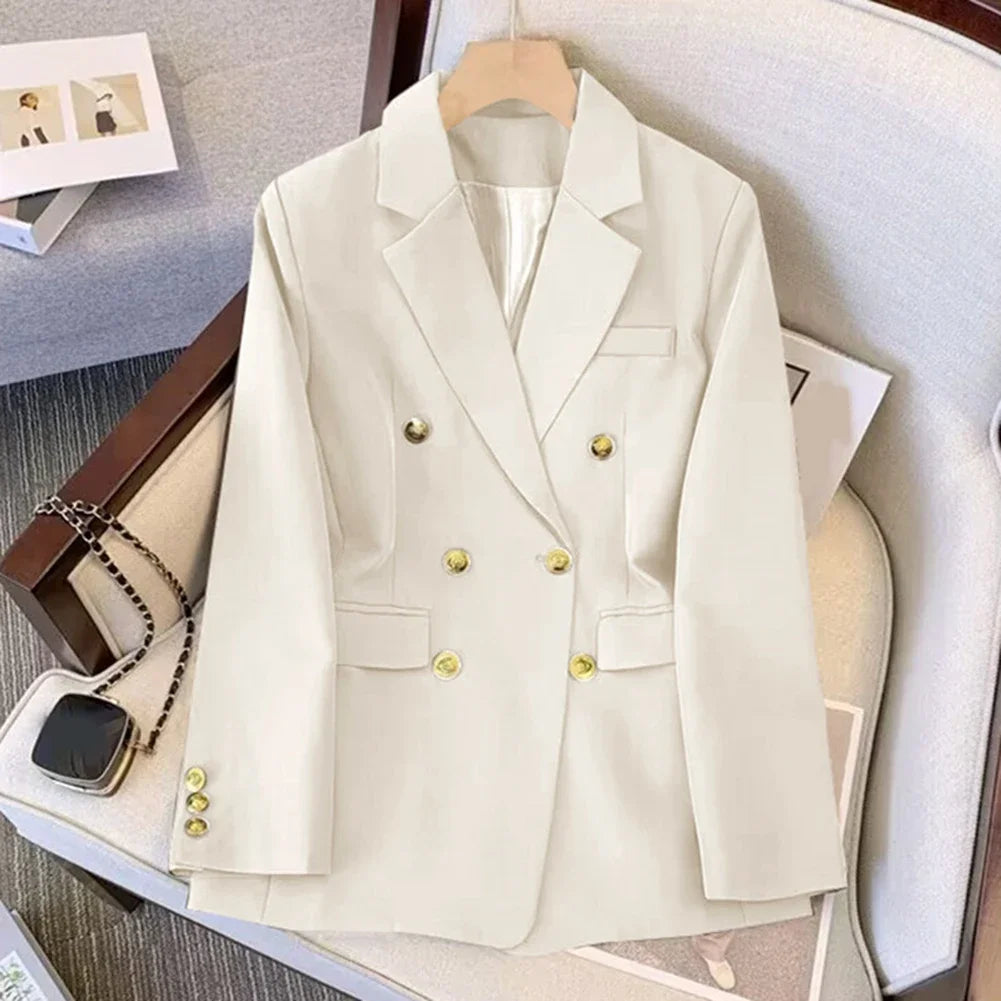 Blazer For Women Elegant Suit Jacket Loose Long Sleeve Jacket Beige Casual Solid Color Blazer Fashion Lapel Neckline Style Good Vibrations