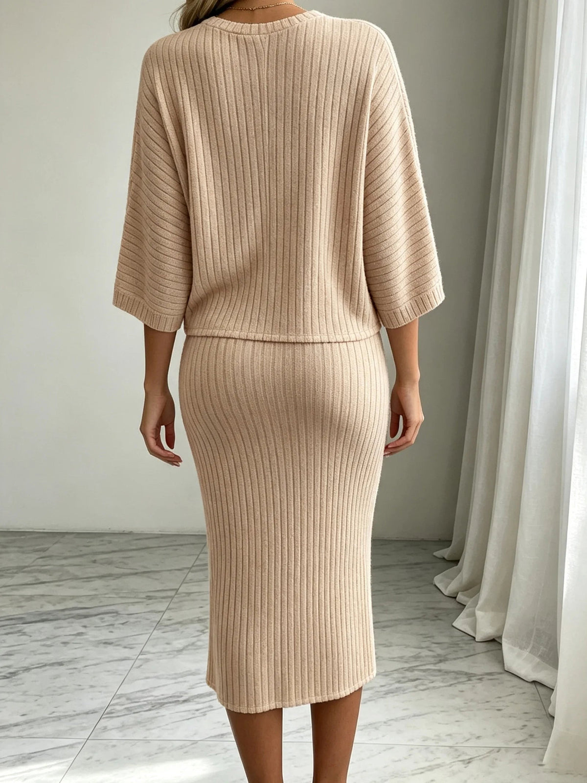 Women 2 Piece Knit Outfit Set Fall Winter Solid Color Crew Neck Long Sleeve Top Midi Skirt Elegant Office Commuter Dress Suit Good Vibrations