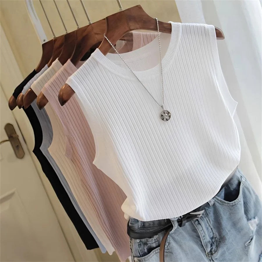 Summer Sleeveless Blouse Women O-neck Knitted Blouse Shirt Women Clothes Women Tops DF4903 Good Vibrations