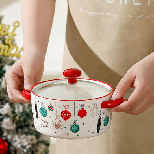 Christmas Ceramic Tableware Ramen Bowl with Glass Lid Cute Cartoon Ceramic Soup Bowl Dormitory Student Salad Noodle Bowl Gifts Good Vibrations