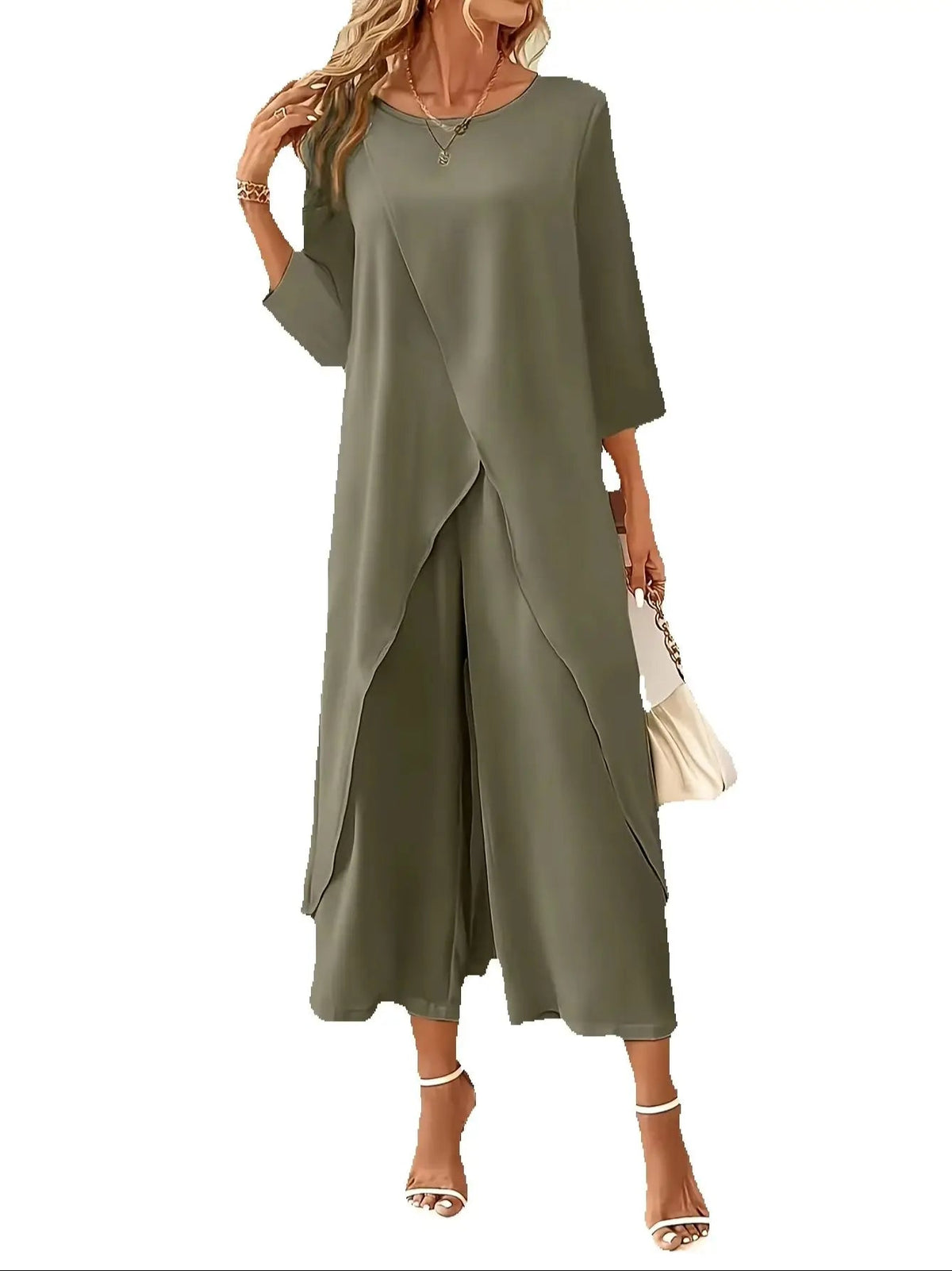 Women's Plus Size Solid Color Two-Piece Set, Casual Round Neck Long Sleeved Slit Top and Solid Color Wide Leg Pants Set Good Vibrations
